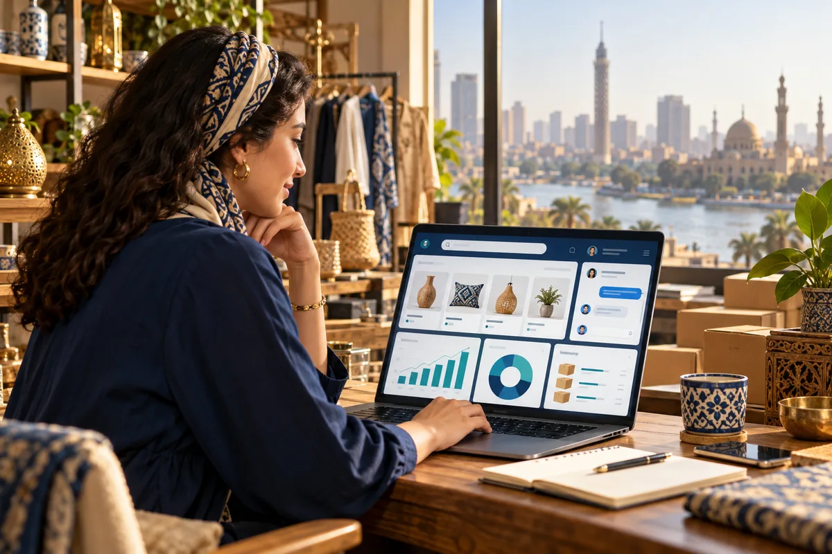 An Egyptian online shop owner reviewing product discovery, customer messages and inventory signals on an e-commerce dashboard