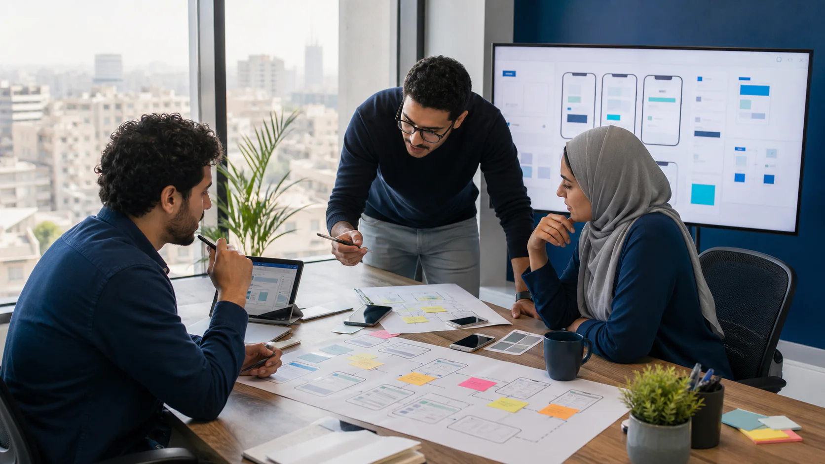 فريق تصميم منتجات رقمية مصري يراجع تدفق المستخدم وواجهات تطبيق موبايل