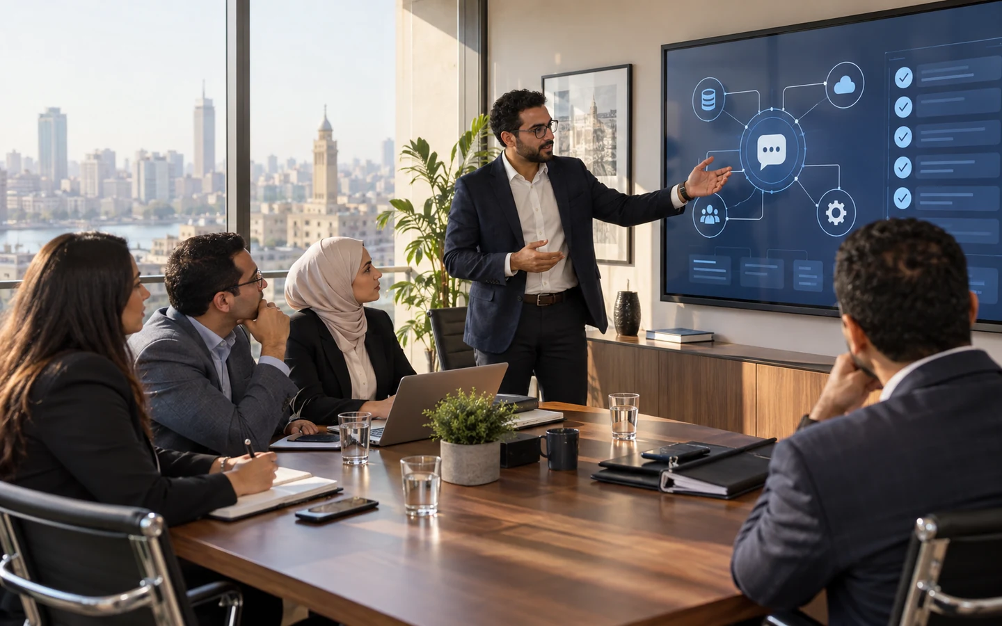Egyptian business leaders evaluating a conversational AI consultant in a Cairo workshop