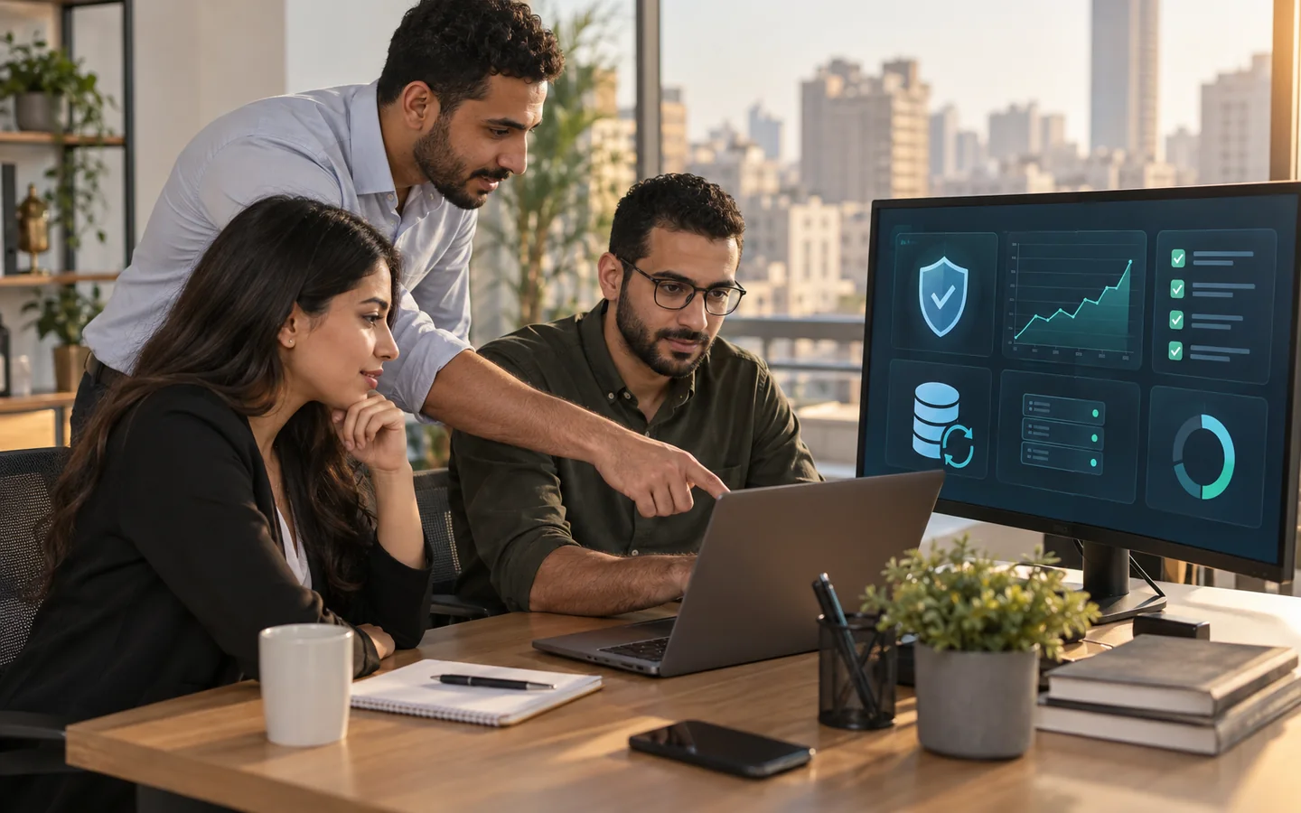 Egyptian business and technical team reviewing website security, backups, performance and monthly maintenance evidence in Cairo