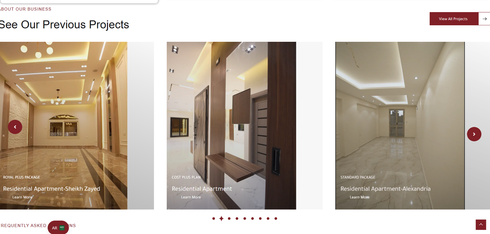 قسم الأعمال السابقة في موقع D Design Interiors يعرض شققًا سكنية منفّذة ضمن باقات مختلفة