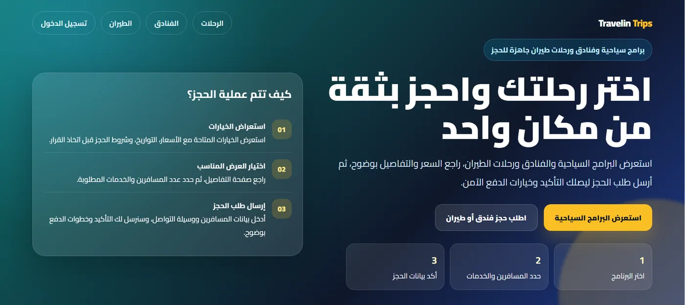 دراسة حالة منصة Travelin Trips — موقع وتجربة موبايل ولوحة تحكم لحجز البرامج السياحية